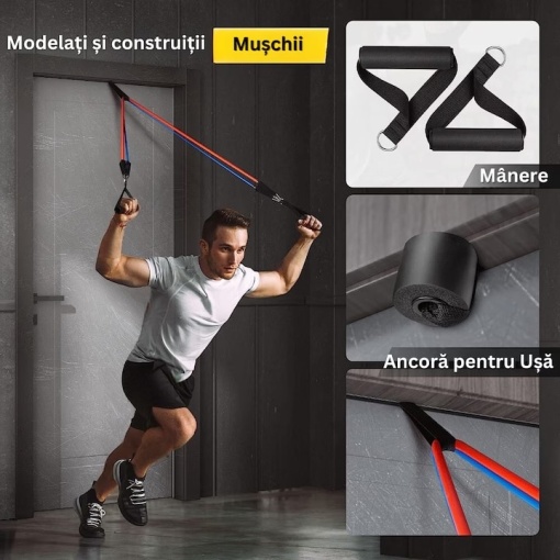 Set de benzi antrenament extensor EBA, 10 accesorii, pentru exercitii fizice, recuperare, yoga, pilates - Img 4