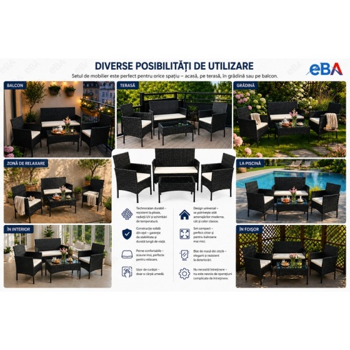 Set Mobilier Gradina Technoratan Premium, 4 Piese pentru Terasa Balcon si Gradina, Canapea + Fotolii + Masa cu Sticla Securizata, Perne Groase Impermeabile, Negru - Img 6