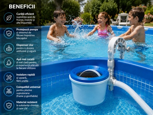 Skimmer Piscina Deluxe cu Dispenser Clor, Colector Frunze si Impuritati, Compatibil Piscine Frame si Gonflabile, Sistem Curatare Suprafata Apa - Img 6