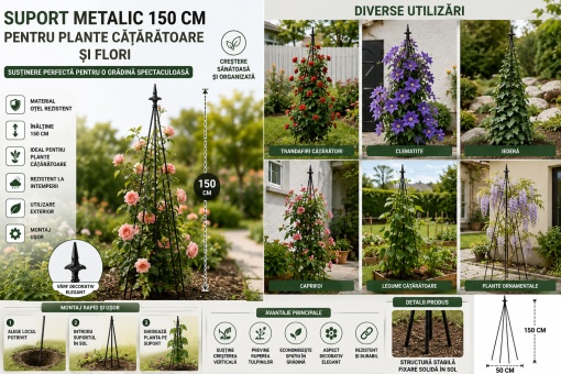 Suport Metalic Profesional pentru Plante si Flori Cataratoare, 150 cm, Otel Rezistent, Negru, Spalier Decorativ pentru Gradina, Trandafiri, Clematite, Iedera si Legume Cataratoare - Img 4
