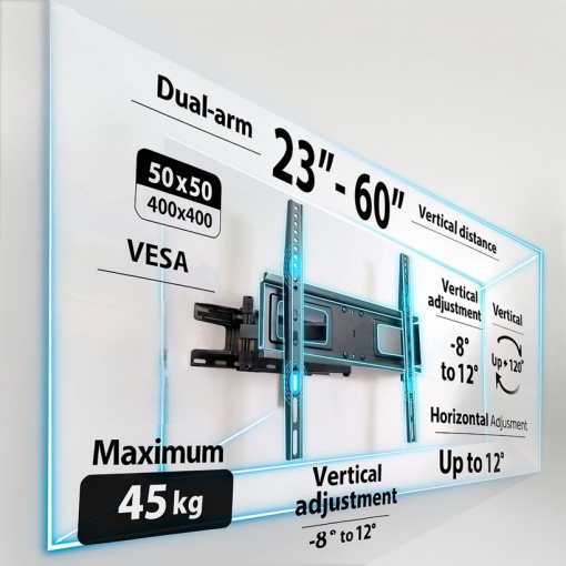 Suport TV Reglabil si Extensibil 23-60 Inch, VESA 400x400, Rotire 120°, Inclinare Reglabila, Otel Ranforsat 45 kg, Montaj Perete cu Accesorii si Nivela Incluse - Img 6