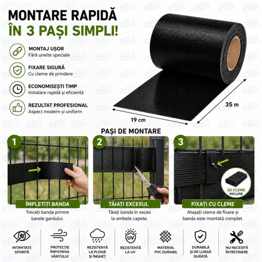 Bandă Gard PVC Premium 19 cm x 35 m, 450 g/m², Neagră, Protecție Intimitate, Rezistentă UV și Intemperii, pentru Garduri Panou, Balcoane și Terase, 20 Cleme Incluse - Img 5