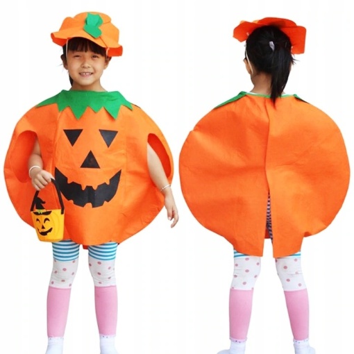 Costum de Halloween pentru Copii, EBA, Costum dovleac, palarie si sac de bomboane, Portocaliu - Img 2