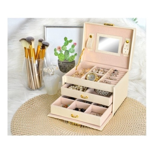 Cutie Bijuterii EBA, calitate premium, pentru Ceasuri sau Accesorii, 20 de Compartimente, Oglinda si Inchidere cu Cheie, Bej - Img 4