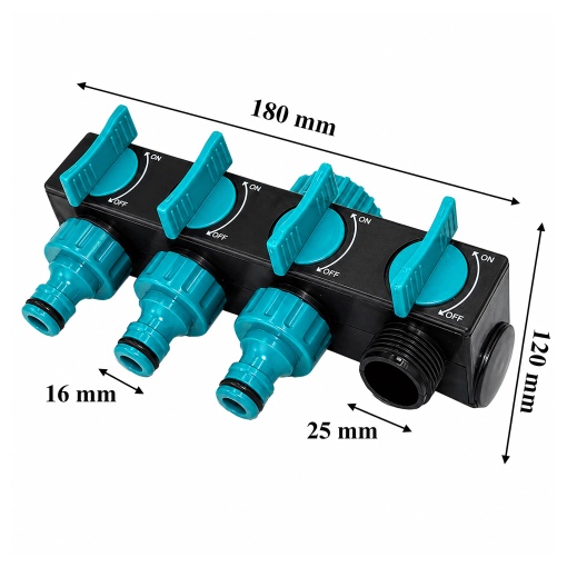 Distribuitor Robinet Gradina 4 Cai cu Supape Individuale ON/OFF, Distribuitor Furtun Apa 1” cu Adaptoare 3/4” si 1/2”, PVC Rezistent pentru Irigatii, Aspersoare si Sisteme de Udare - Img 3