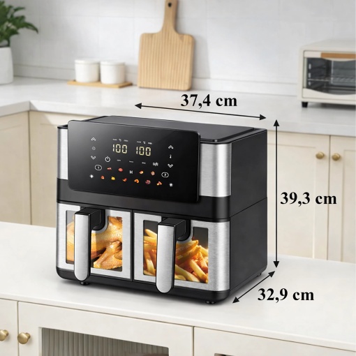 Friteuza cu Aer Cald Dual Zone 8L (2x4L), 2000W, 12 Programe Automate, Panou Tactil LCD, Ferestre Iluminate, Air Fryer Fara Ulei, Functie 6 in 1, Temperatura 80-200°C, Cosuri Antiaderente, Negru/Inox - Img 3