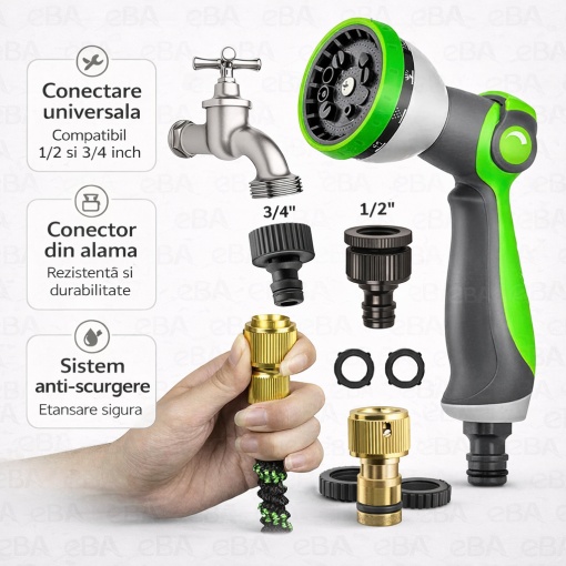 Furtun gradina extensibil 10-30 m cu pistol 10 moduri, furtun latex ranforsat, conectori alama 1/2" 3/4", adaptor robinet - Img 7
