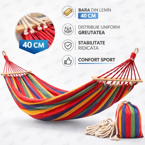Hamac De Gradina 2 Persoane, eBA®, XXL 250x150 Cm, 200 Kg, Bare Lemn, Material Rezistent, Cu Husa, Usor De Montat, Ideal Pentru Curte, Camping, Balcon, Interior Si Exterior, Multicolor - Img 6