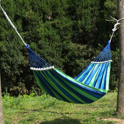 Hamac gradina dublu XXL 250x150 cm cu bara din lemn, bumbac ranforsat, capacitate 200 kg, hamac pentru terasa, balcon, camping si relaxare exterior - Img 7