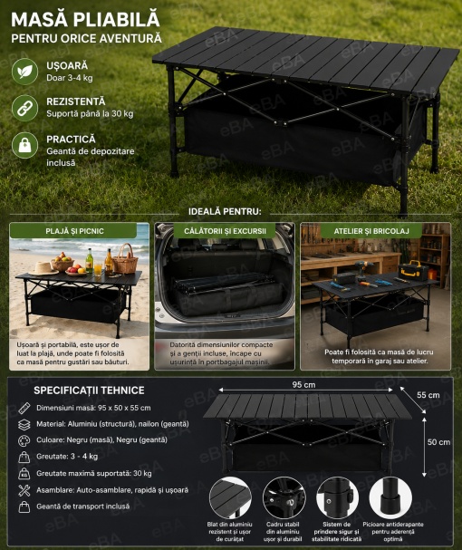Masa Camping Pliabila Aluminiu Premium 95x55x50 cm, Portabila cu Geanta Transport, Rezistenta la Apa, Stabila si Usoara, pentru Pescuit, Picnic, Gradina, Plaja si Camping - Img 3