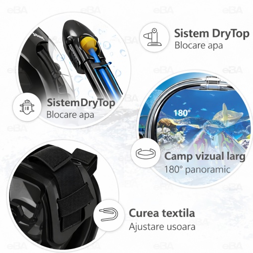Masca snorkeling full face copii si adolescenti, vizor 180°, anti aburire, snorkel DryTop, respiratie nas si gura, masca scufundari snorkeling cu husa transport - Img 8
