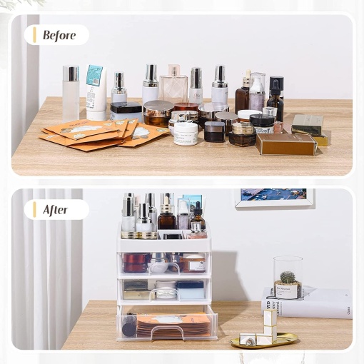 Organizator make-up EBA, pentru cosmetice, skincare, 3 sertare, dimensiuni 27 x 23.5 x 17 cm, Alb - Img 3