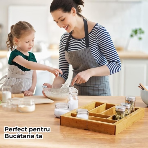 Organizator Premium din Bambus EBA, pentru Tacamuri si Ustensile pentru Bucatarie, 8 compartimente extensibile intre 33-55 cm - Img 2