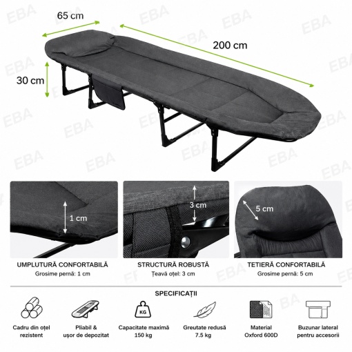 Pat Pliabil Camping si Pescuit 200x65 cm, Tetiera Confortabila, Saltea Captusita, Cadru Metalic 150 kg, Pat Portabil pentru Cort, Gradina si Relaxare - Img 2