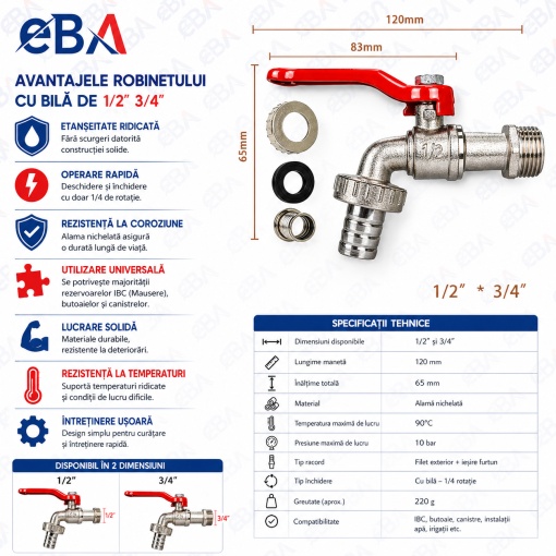 Robinet cu Bila 1/2" – 3/4" pentru Rezervor IBC Mauser, Butoi si Canistra Apa, Alama Nichelata, Robinet Apa Gradina cu Racord Furtun, Etansare Premium, Rezistent la Coroziune - Img 2