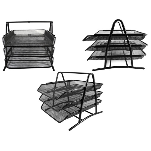 Set 3 tavite metalice pentru documente EBA, suprapozabile, suport din plasa mesh, pentru birou, Negru - Img 3