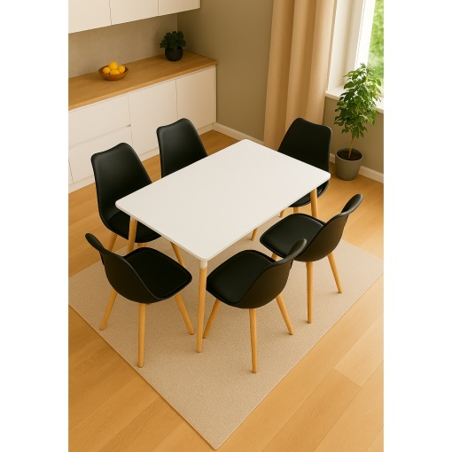 Set 4 Scaune EBA pentru Living si Bucatarie, Negru, 84 x 49 x 46 cm, Picioare din Lemn Masiv, Design Modern - Img 2