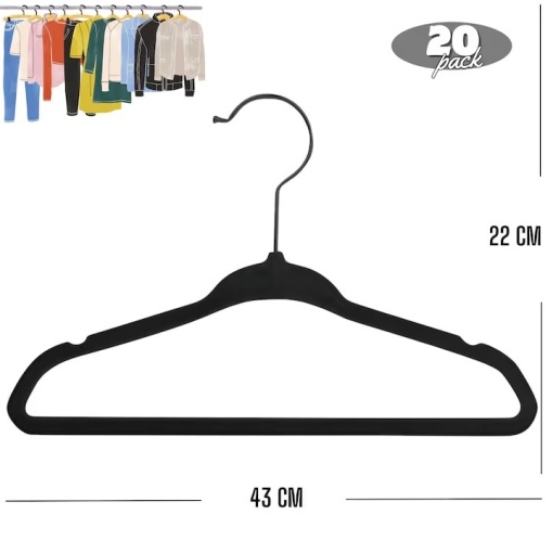 Set de 20 umerase de catifea EBA, negre, cu carlig rotativ 360 grade, cu 2 decupaje, forma rotunjita, 43 x 22 cm, rezistente - Img 2