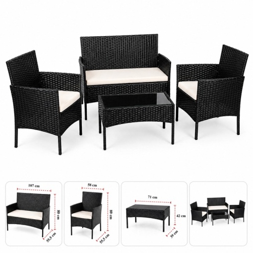 Set Mobilier Gradina Technoratan Premium, 4 Piese pentru Terasa Balcon si Gradina, Canapea + Fotolii + Masa cu Sticla Securizata, Perne Groase Impermeabile, Negru - Img 3