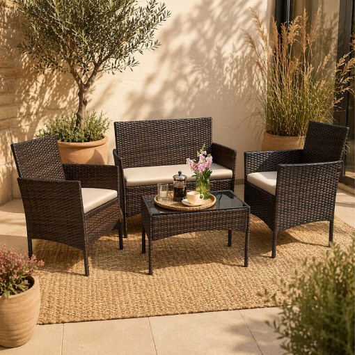 Set Mobilier Terasa si Gradina Technoratan Premium Maro, Canapea 2 Locuri + 2 Fotolii + Masa Cafea cu Sticla Securizata, Mobilier Exterior pentru Balcon Curte si Foisor - Img 8