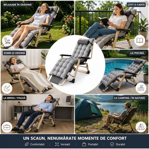 Sezlong pliabil cu perna inclusa, reglabil, gri cu rama aurie, confort maxim, ideal gradina terasa plaja - Img 5