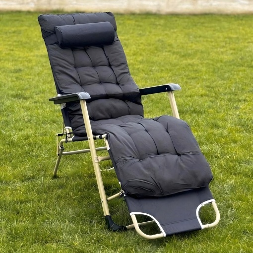 Sezlong pliabil reglabil cu perna groasa 6 cm, cadru otel, confort premium exterior, negru cu rama aurie, terasa, gradina, plaja, camping – EBA - Img 7