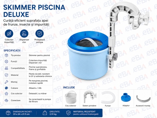 Skimmer Piscina Deluxe cu Dispenser Clor, Colector Frunze si Impuritati, Compatibil Piscine Frame si Gonflabile, Sistem Curatare Suprafata Apa - Img 2