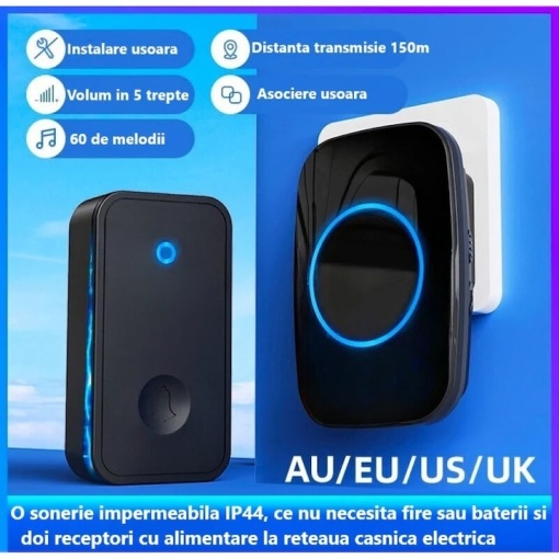 Sonerie electrica EBA, fara fire si baterii, 60 de tonuri si melodii, Volum 110 dB, reglabil in 5 trepte, IP44, Negru - Img 2