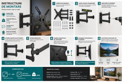 Suport TV Extensibil Profesional 17-56 Inch, Reglabil si Rotativ 180°, VESA 400x400, Otel Ranforsat, Suporta 30 Kg, Inclinare -15°/+5°, Brat Articulat pentru Samsung LG Sony Philips TCL - Img 2