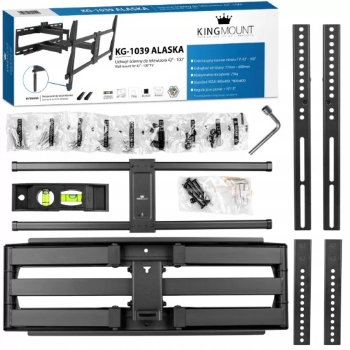 Suport TV Perete Reglabil 42-100 Inch KG-1039 King Mount Alaska, Rotativ si Inclinabil, Brat Dublu, VESA Universal, Metal Ranforsat, Capacitate Mare, Compatibil LCD LED OLED QLED - Img 5