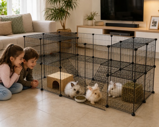 Tarc Modular eBA® PREMIUM pentru Animale Mici 71x143x73 cm, Cusca Metalica Extensibila pentru Iepuri, Cobai, Pisici, Caini si Catei, 36 Panouri, Montaj Rapid, Spatiu de Joaca Interior/Exterior, Negru - Img 6