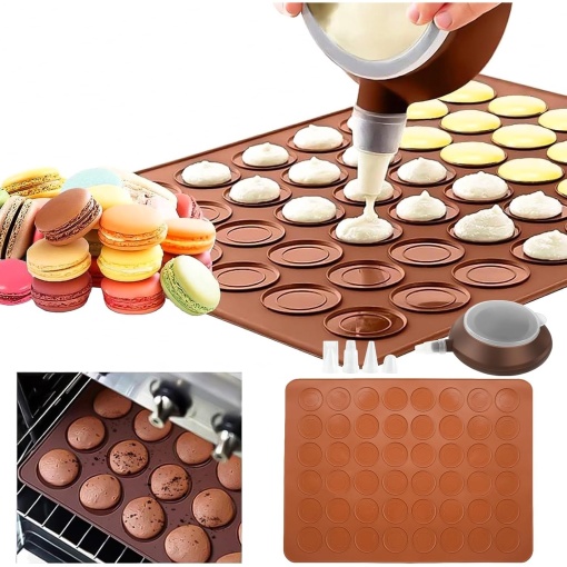 Tava copt Macarons EBA, 48 de forme rotunde, folie silicon rezistenta la temperaturi de pana la 250 grade C, 5 x 39 cm, Maro - Img 4