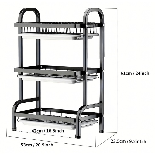 Uscator de vase pliabil EBA XXL, 3 niveluri, Suport compact cu tavi de scurgere, Ideal pentru bucatarie, Negru - Img 4