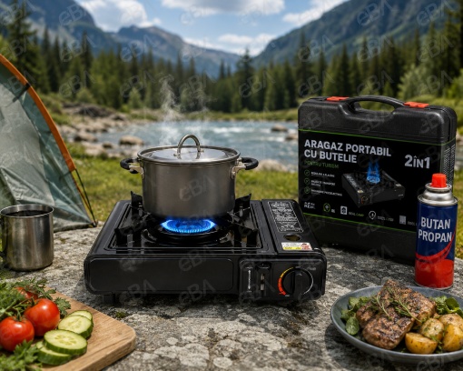 Aragaz Portabil Camping 2 in 1, 2500W, Compatibil Cartus si Butelie Gaz, Aprindere Piezoelectrica, Reglaj Flacara, Valiza Transport Inclusa, Aragaz Turistic pentru Camping, Pescuit si Drumetii - Img 4