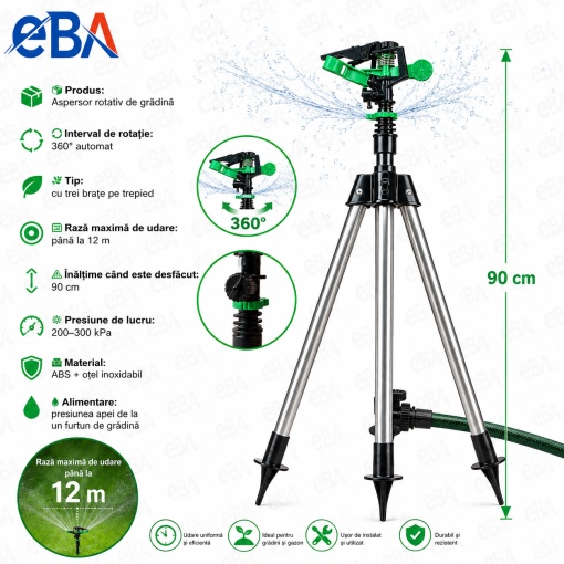 Aspersor Rotativ Gradina cu 3 Brate pe Trepied, 90 cm, Udare 360°, Raza pana la 12 m, Reglabil pe Inaltime, ABS + Otel Inoxidabil, Sistem Irigare pentru Gazon, Flori si Legume - Img 2