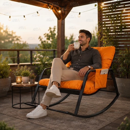 Balansoar Gradina Premium cu Perna Groasa Confortabila, Scaun Balansoar Relaxare pentru Terasa, Living si Balcon, Cadru Metalic Rezistent, Ergonomic, Portocaliu/Negru, 105 x 86 x 59 cm - Img 5