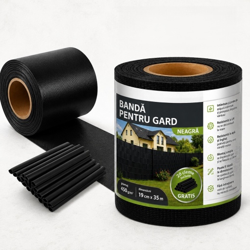 Bandă Gard PVC Premium 19 cm x 35 m, 450 g/m², Neagră, Protecție Intimitate, Rezistentă UV și Intemperii, pentru Garduri Panou, Balcoane și Terase, 20 Cleme Incluse - Img 2