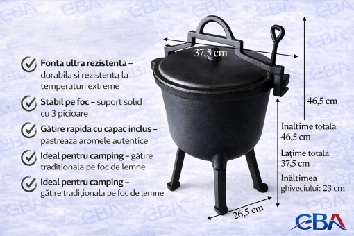 Ceaun Fonta 7L cu Capac si Picioare, Gratar Camping, Ideal pentru 6-7 Persoane, Exterior, Dimensiuni 46, 5x37, 5cm - Img 2