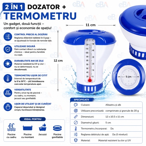 Dispenser Tablete Clor pentru Piscina cu Termometru Integrat 2 in 1, Dozator Plutitor Reglabil 5 Trepte, pentru Tablete 20 g, Piscina, Jacuzzi si SPA - Img 4