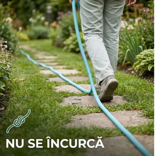 Furtun de gradina extensibil 5-15 m EBA, pistol de stropit cu 8 functii, conectori metalici, latex 3 straturi, anti-rasucire, albastru - Img 6