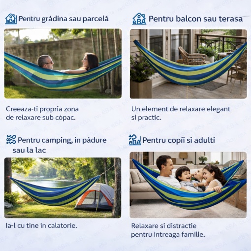 Hamac gradina dublu XXL 250x150 cm cu bara din lemn, bumbac ranforsat, capacitate 200 kg, hamac pentru terasa, balcon, camping si relaxare exterior - Img 4