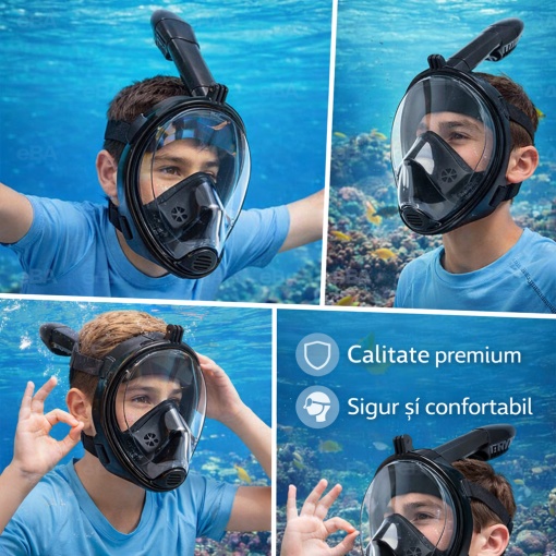 Masca snorkeling full face copii si adolescenti, vizor 180°, anti aburire, snorkel DryTop, respiratie nas si gura, masca scufundari snorkeling cu husa transport - Img 5