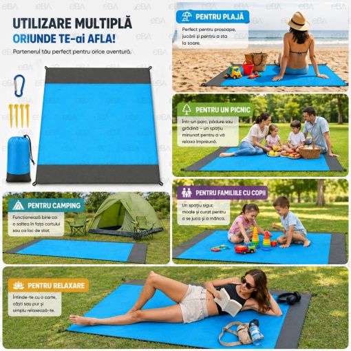 Patura de plaja impermeabila 210x200 cm, mare pentru picnic si camping, rezistenta la apa, nisip si vant, pliabila cu husa transport, covoras outdoor familie 4-6 persoane - Img 4