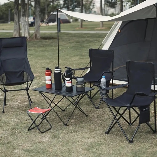 Scaun Pliabil pentru Camping, Pescuit si Plaja, Oxford 600D Impermeabil, Cadru din Otel, Suport Pahar, Cotiere Reglabile, Husa Transport, 44x44x80 cm, Negru - Img 7