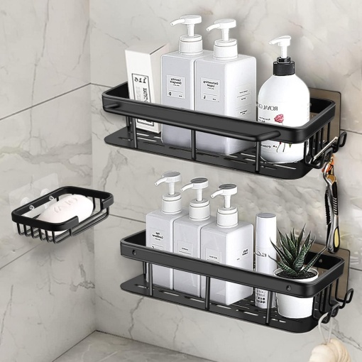 Set de 2 rafturi de baie EBA, Suspendate, cu ventuza si carlige, Negru - Img 3