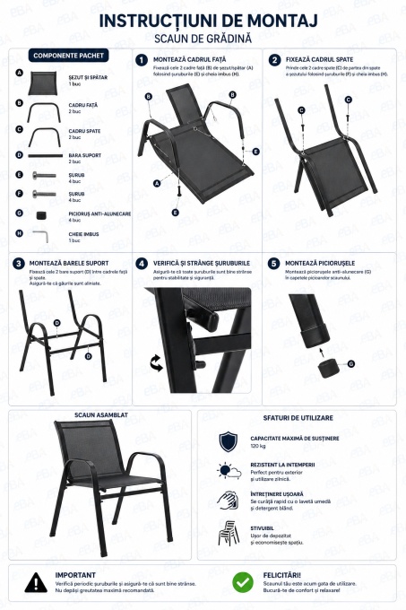 Set Mobilier Gradina si Balcon 2 Scaune + Masa cu Sticla Securizata, Cadru Otel Vopsit Electrostatic, Scaune Suprapozabile, Textilena Premium, Rezistent Exterior, Negru, Terasa Curte Cafenea - Img 5