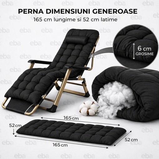 Sezlong pliabil reglabil cu perna groasa 6 cm, cadru otel, confort premium exterior, negru cu rama aurie, terasa, gradina, plaja, camping – EBA - Img 4