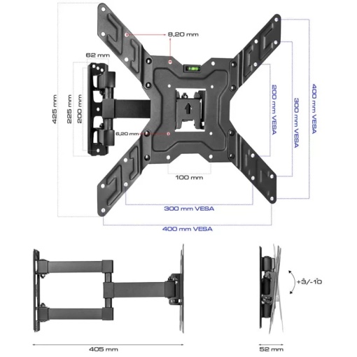 Suport TV Reglabil 22-55 Inch KING SUPPORT KG-1026, VESA 400x400, Rotire 180°, Inclinare -3°/+10°, Brat Extensibil 40.5 cm, Max 35KG, Suport Perete Universal LED LCD OLED Smart TV - Img 2