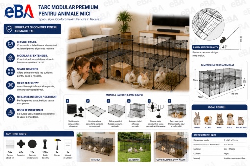 Tarc Modular eBA® PREMIUM pentru Animale Mici 71x143x73 cm, Cusca Metalica Extensibila pentru Iepuri, Cobai, Pisici, Caini si Catei, 36 Panouri, Montaj Rapid, Spatiu de Joaca Interior/Exterior, Negru - Img 3
