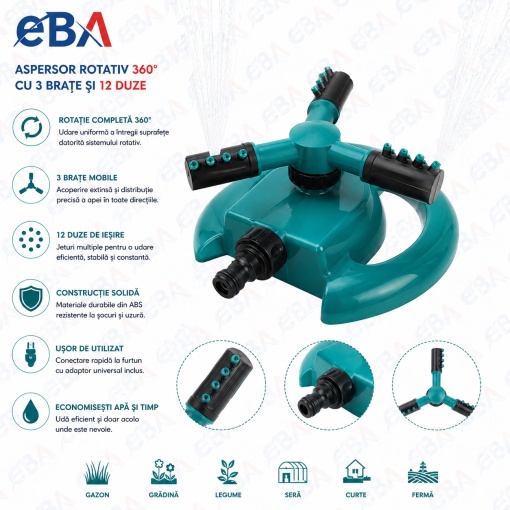 Aspersor Gradina Rotativ 360°, 3 Brate Mobile, 12 Duze, Raza Udare 8–10 m, Irigare Uniforma Gazon si Gradina, Conectare Rapida la Furtun, ABS Rezistent - Img 2